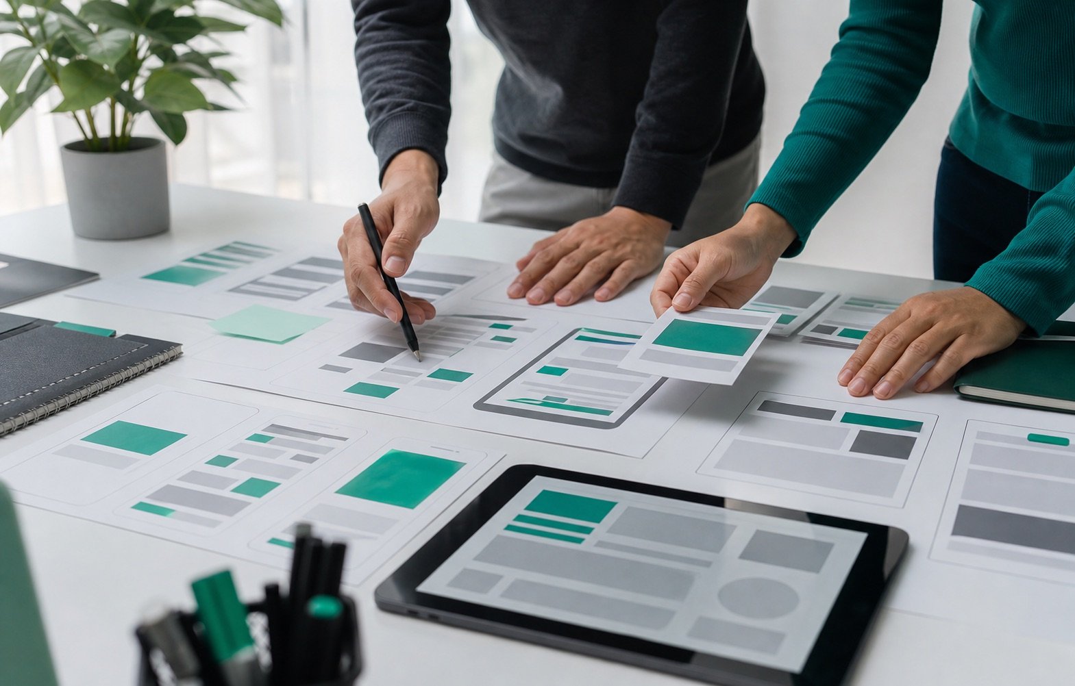 Website designers reviewing responsive interface concepts